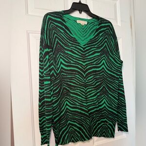 Michael Kors Green & Black Zebra Striped V Neck Sweater Large Soft Funky Light